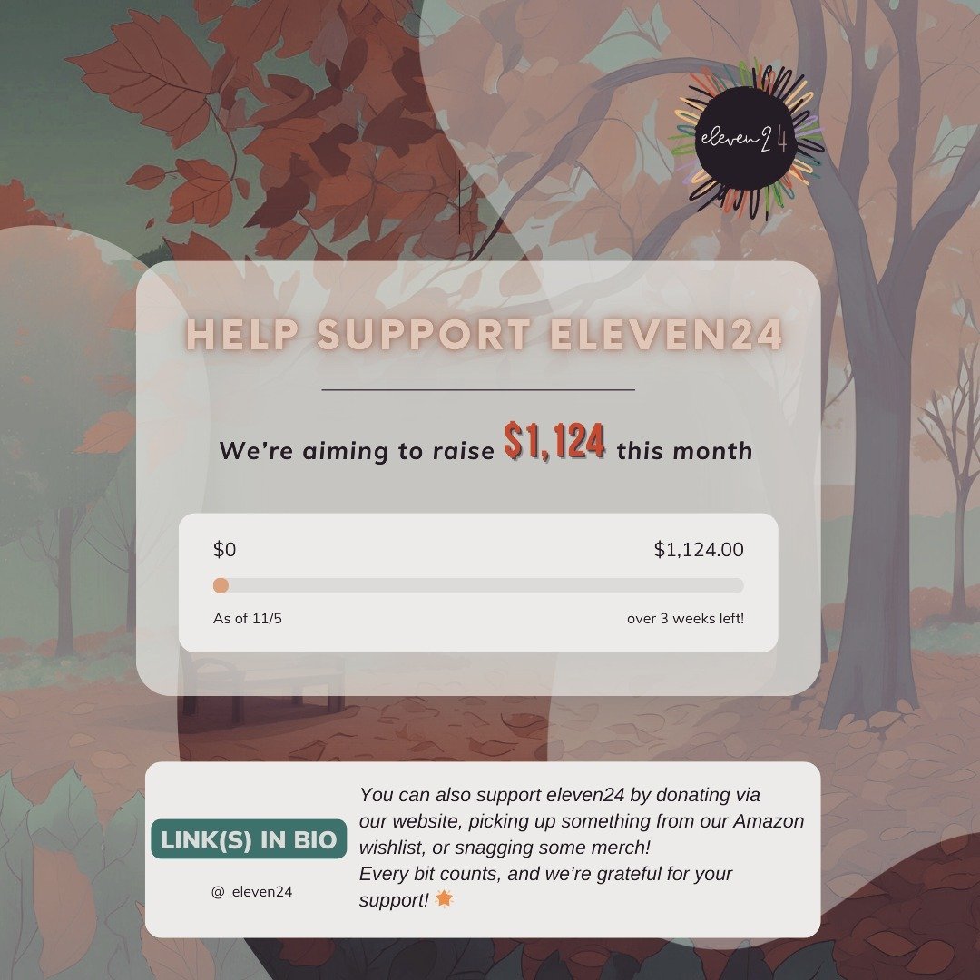 We're kicking off our November fundraiser with a goal of raising $1,124, and we need your help to make it happen! Every donation, wishlist item, and merch purchase brings us closer to creating a bigger impact. Let&rsquo;s reach this goal together&mda